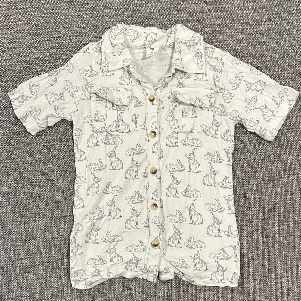 Kate Quinn Cream Spring Button-Up Shirt with Bunny Sketches, Perfect for Easter